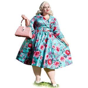 Pinup Couture Turquoise Floral Birdie 3/4 sleeve dress 2X XXL